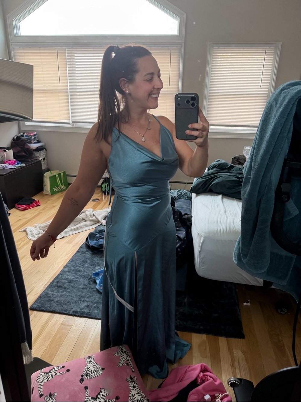 Elliatt Satin Cowl Slip Dress in Steel Blue
